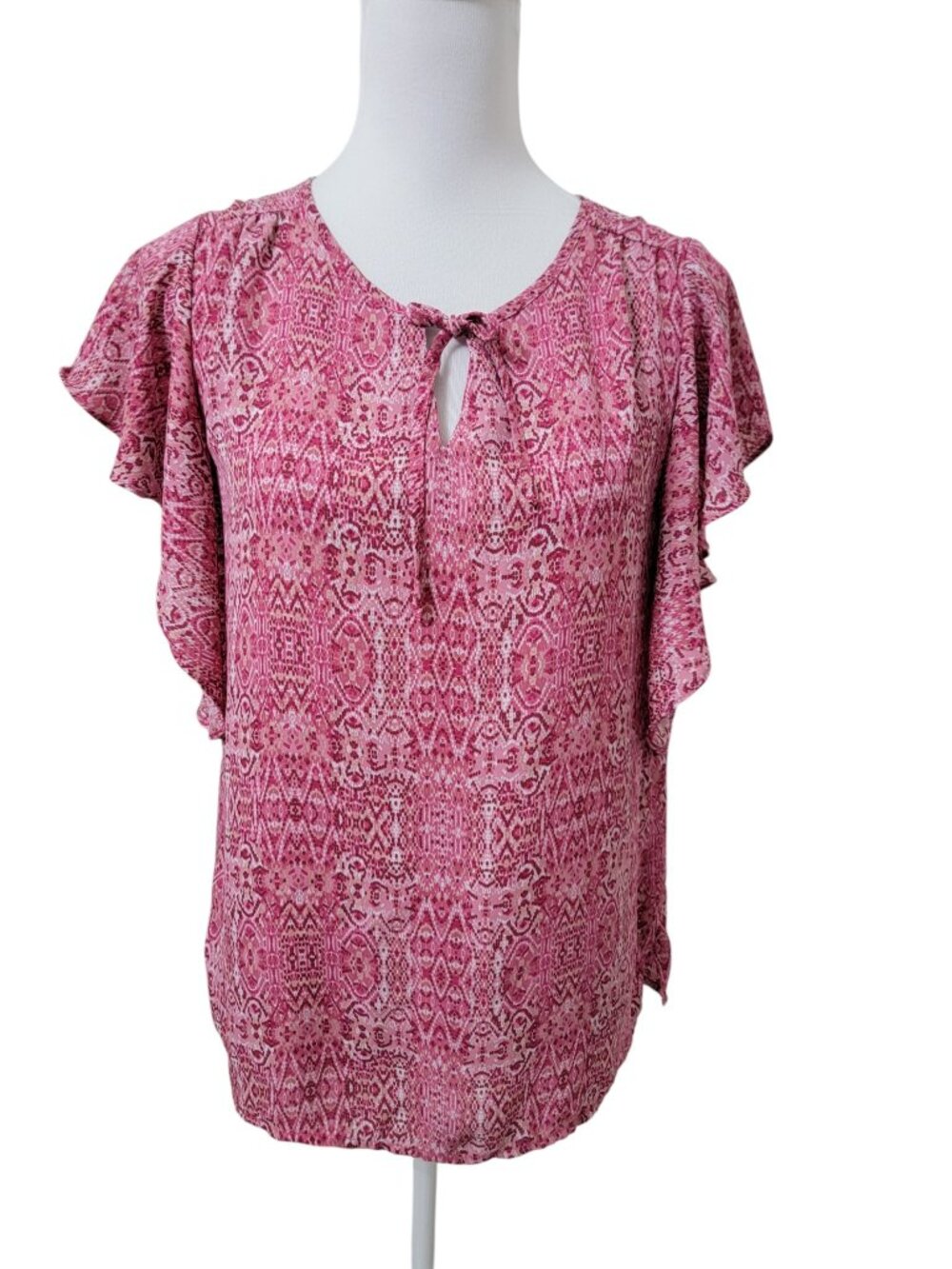 Counterparts Size S Pink White Patterned Flutter Sleeve Blouse, Gently Used